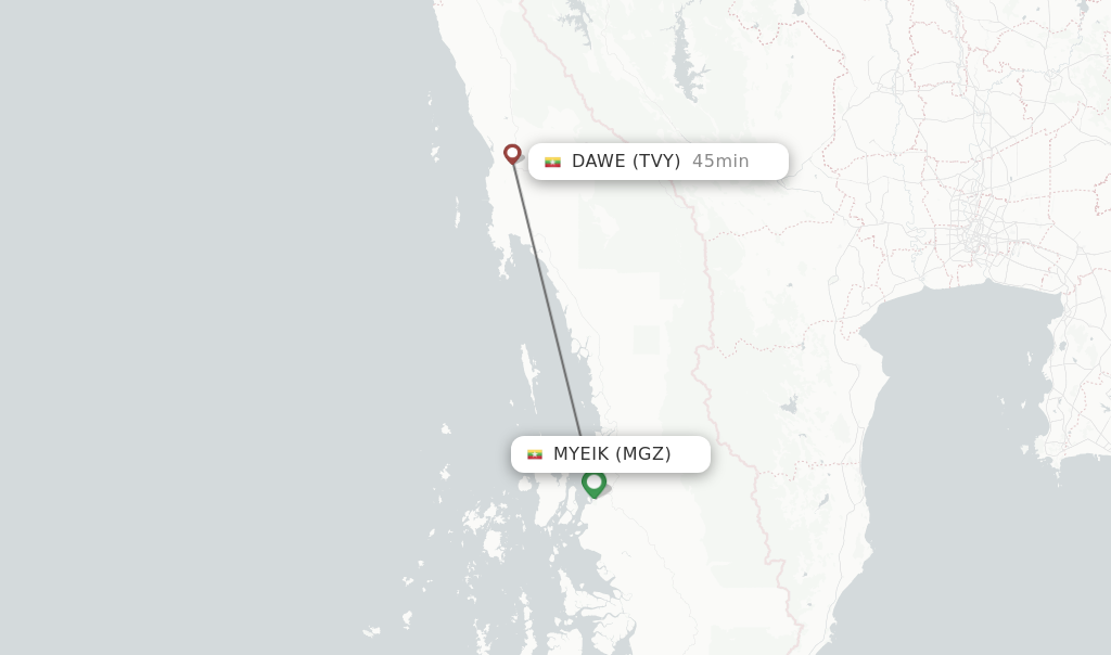 Flights from Myeik to Dawe route map