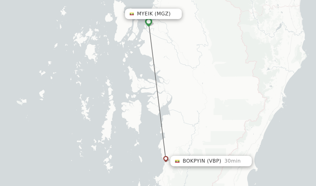 Flights from Myeik to Bokpyin route map