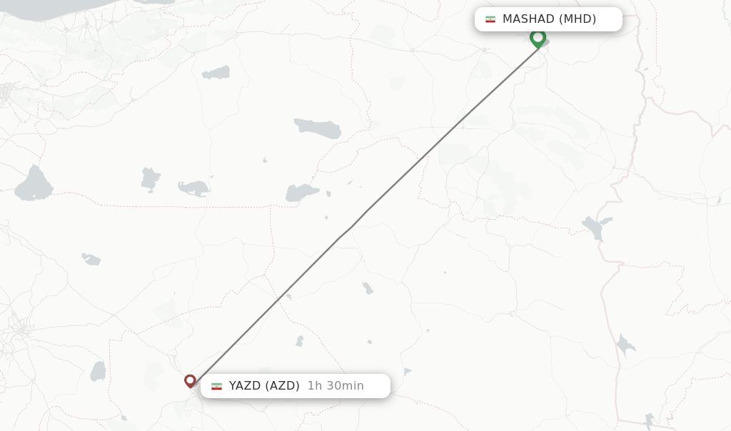 Flights from Mashad to Yazd route map