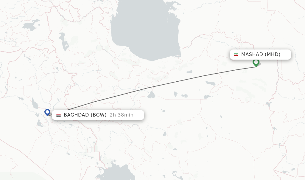 Flights from Mashad to Baghdad route map
