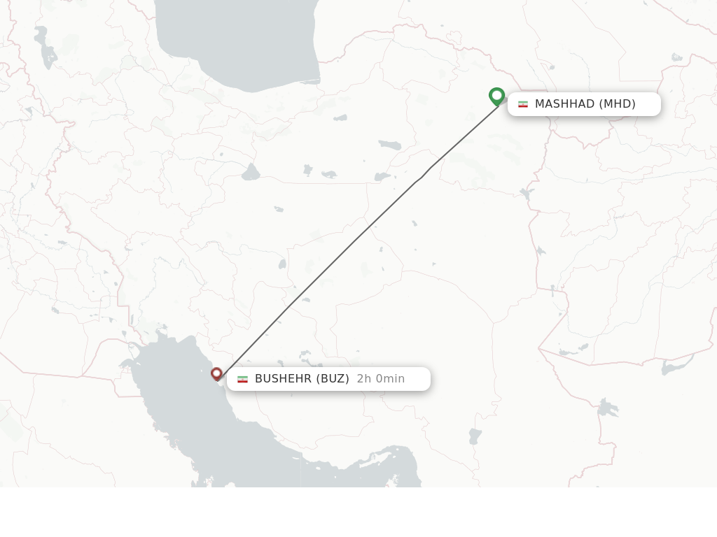 Flights from Mashhad to Bushehr route map