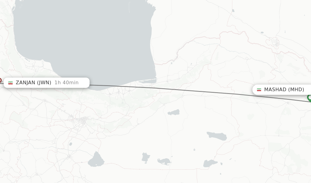 Flights from Mashad to Zanjan route map