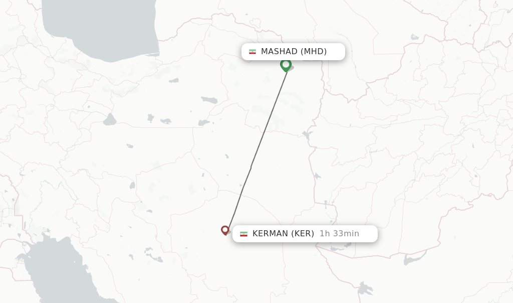 Flights from Mashad to Kerman route map