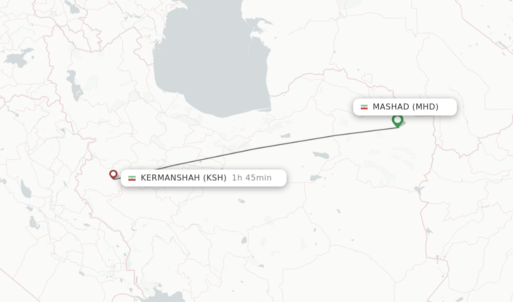 Flights from Mashad to Kermanshah route map