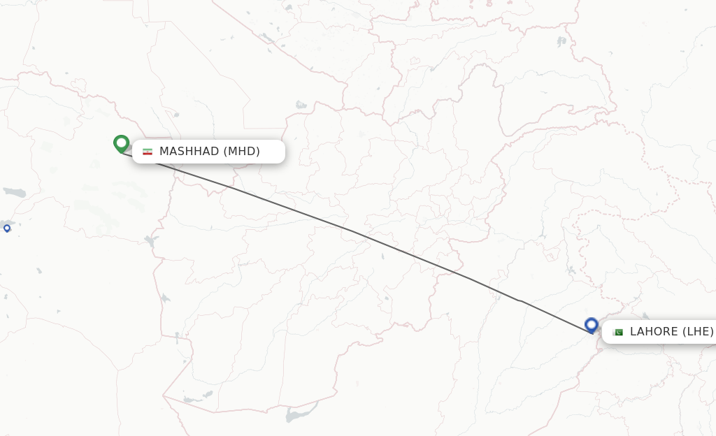 Flights from Mashad to Lahore route map