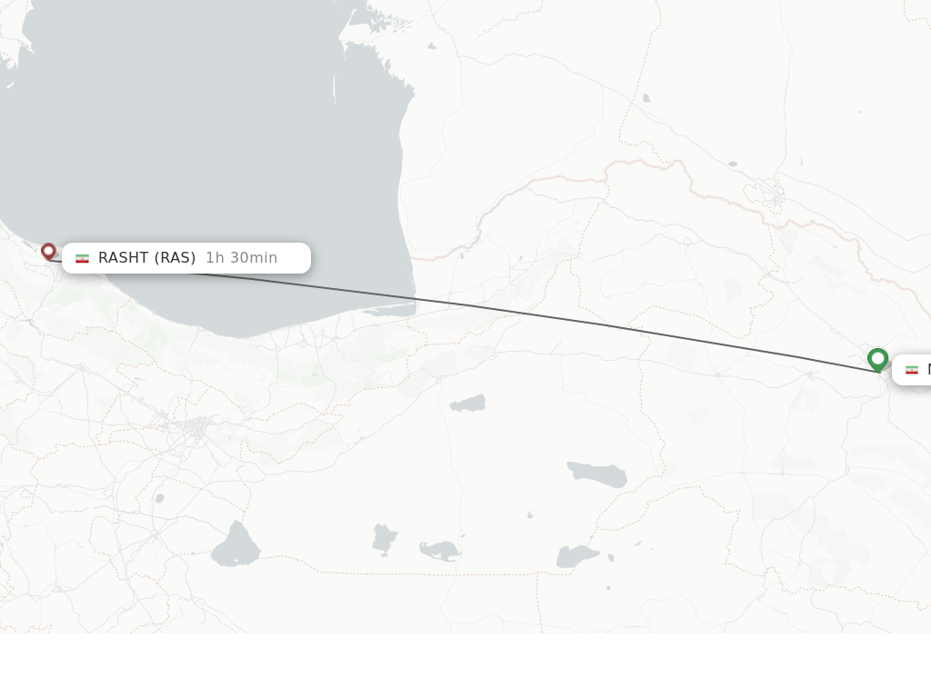 Flights from Mashhad to Rasht route map