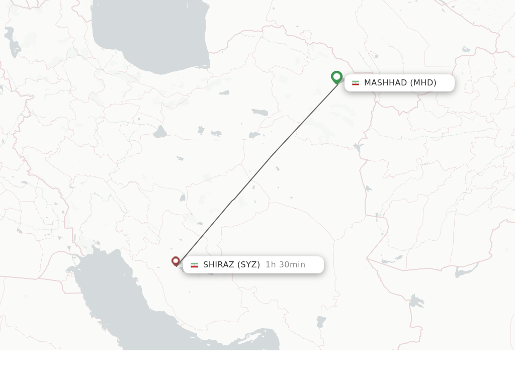 Flights from Mashhad to Shiraz route map