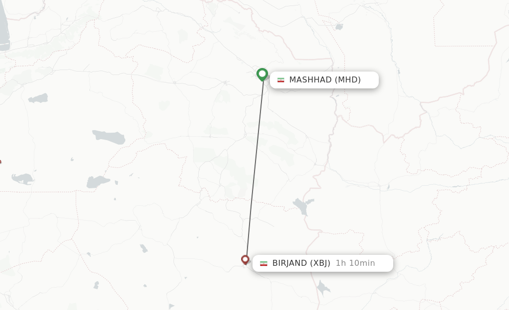 Flights from Mashhad to Birjand route map