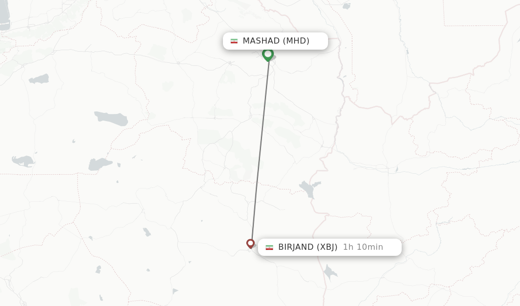 Flights from Mashad to Birjand route map