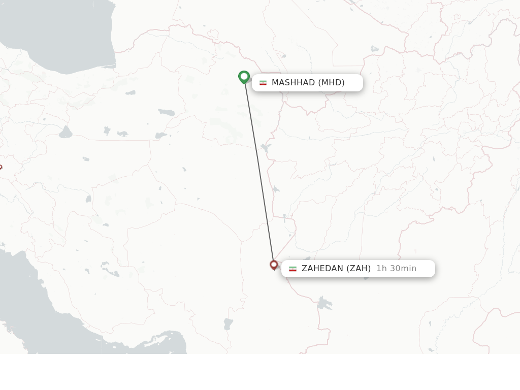 Flights from Mashhad to Zahedan route map