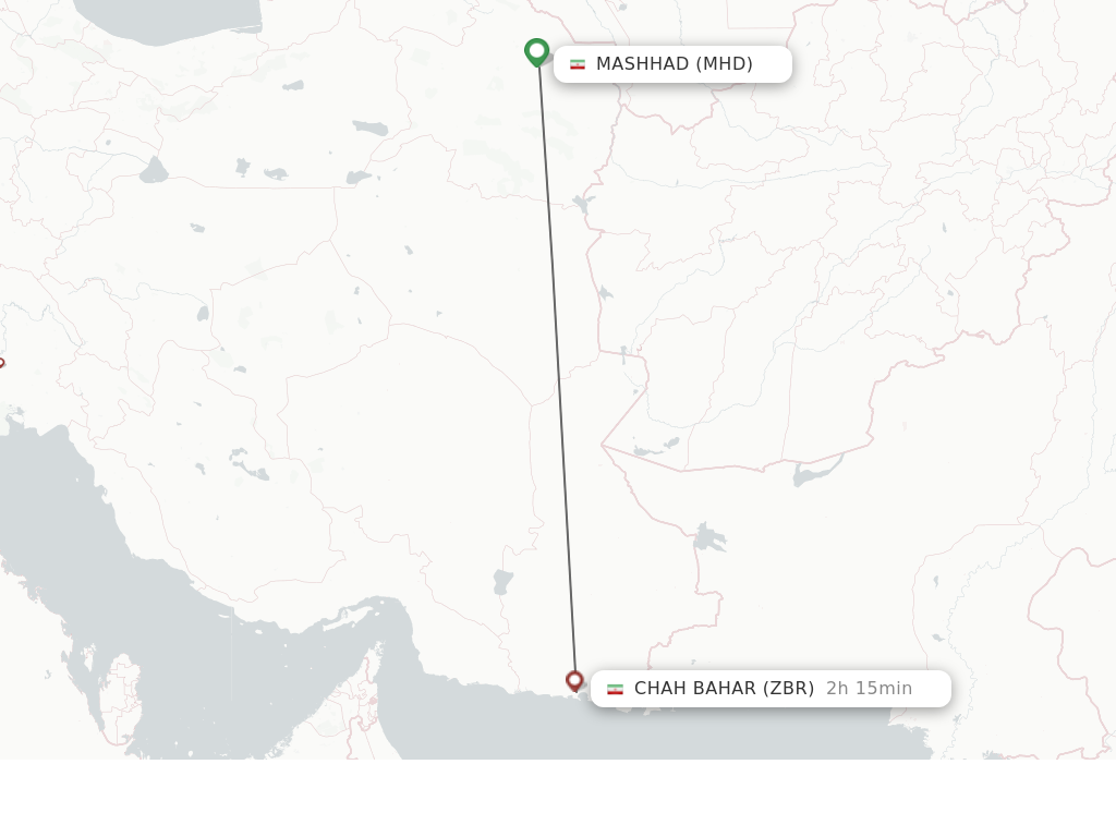 Flights from Mashhad to Chah Bahar route map