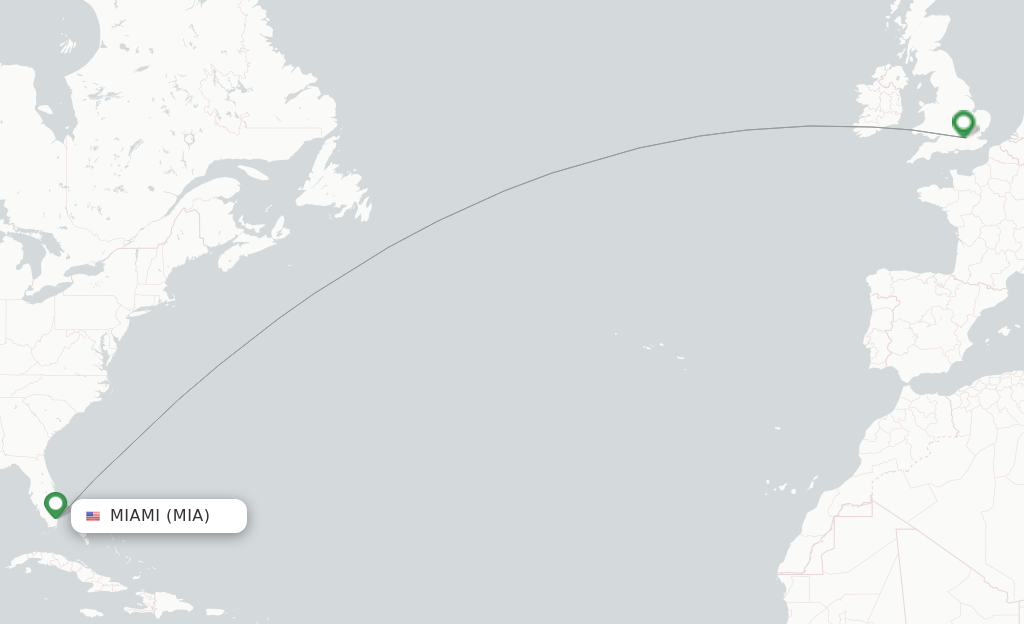 Route map with flights from Miami with British Airways