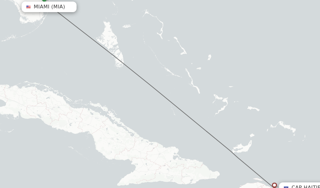 Flights from Miami to Cap Haitien route map