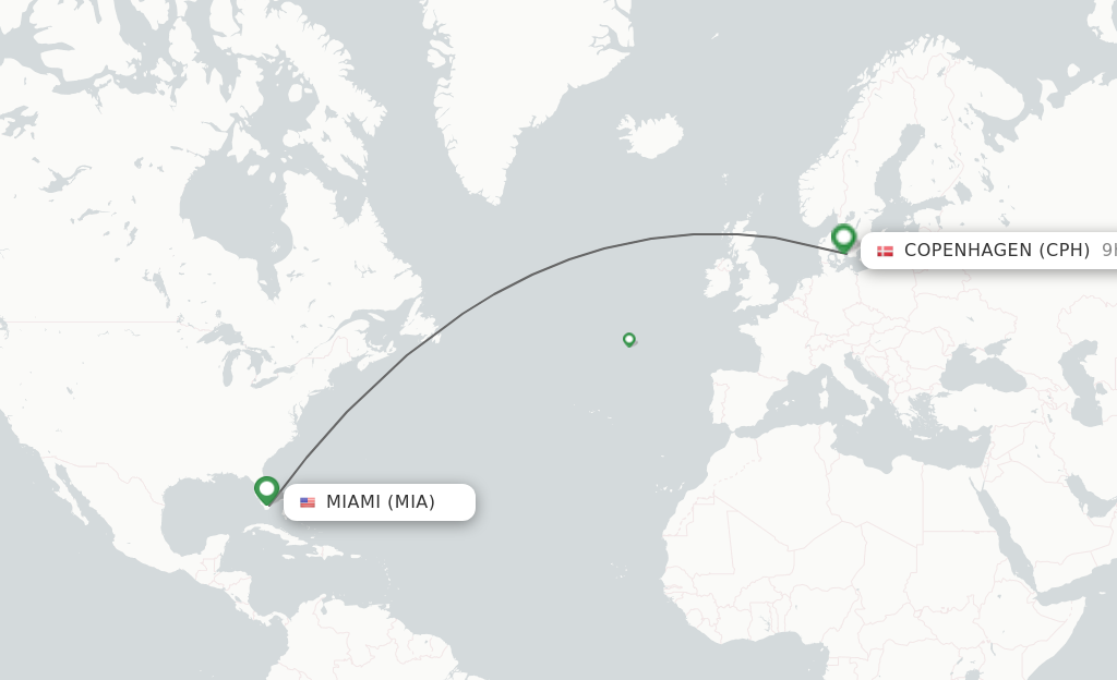 Flights from Miami to Copenhagen route map