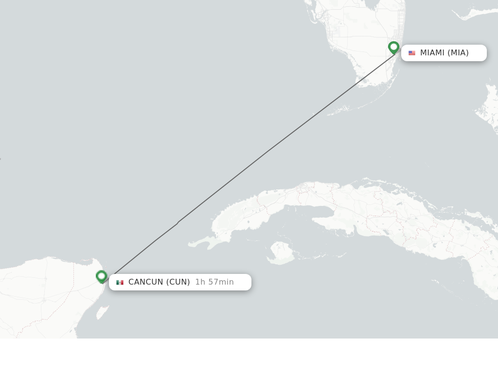 Flights from Miami to Cancun route map