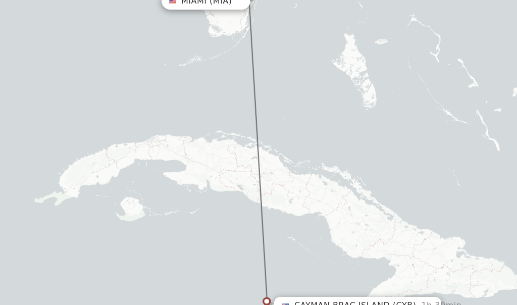 Flights from Miami to Cayman Brac Island route map