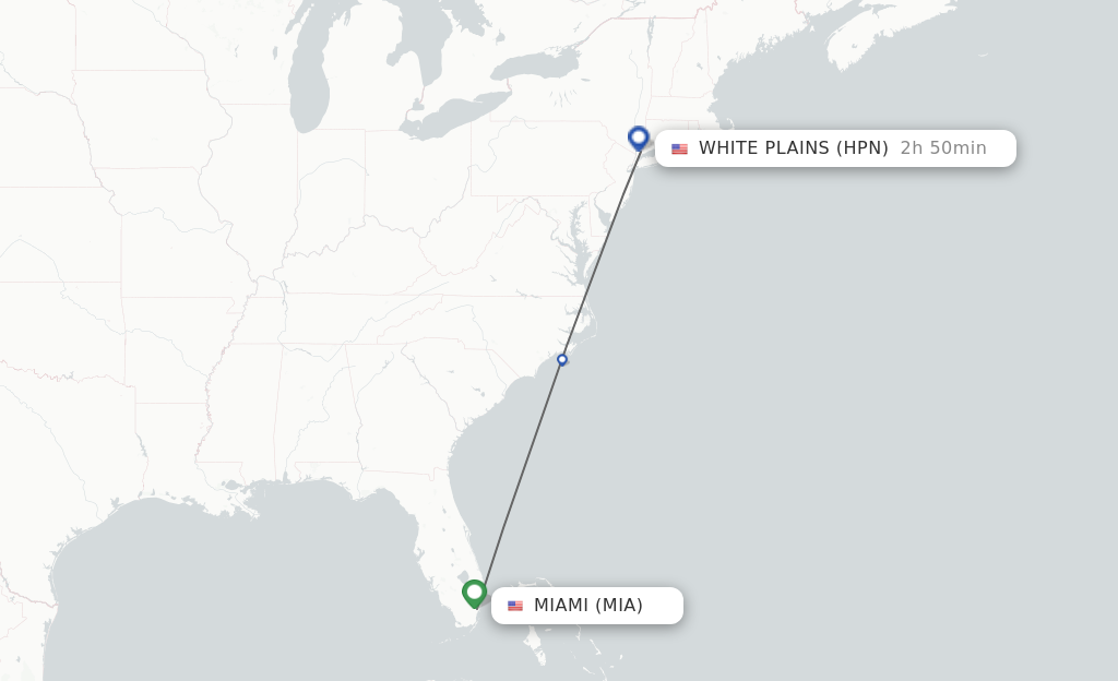 Flights from Miami to White Plains route map