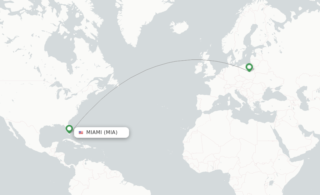 Route map with flights from Miami with LOT
