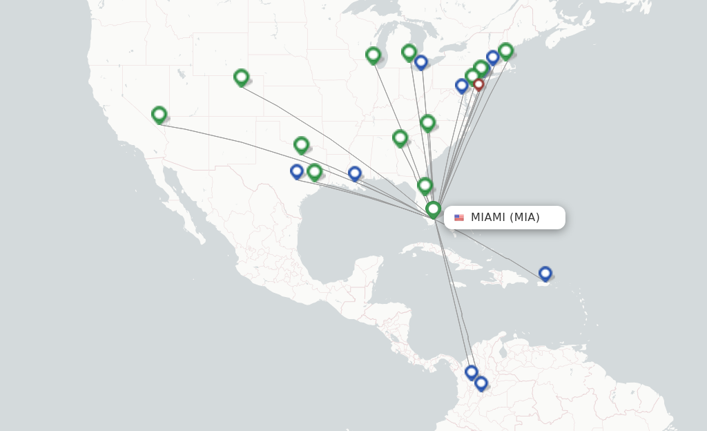 Route map with flights from Miami with Spirit Airlines