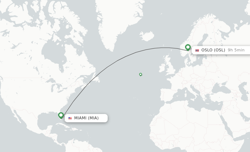 Flights from Miami to Oslo route map