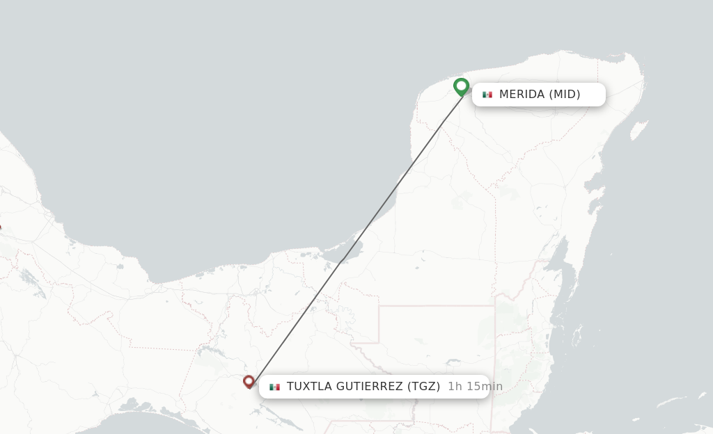 Flights from Merida to Tuxtla Gutierrez route map