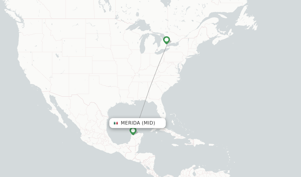 Route map with flights from Merida with WestJet