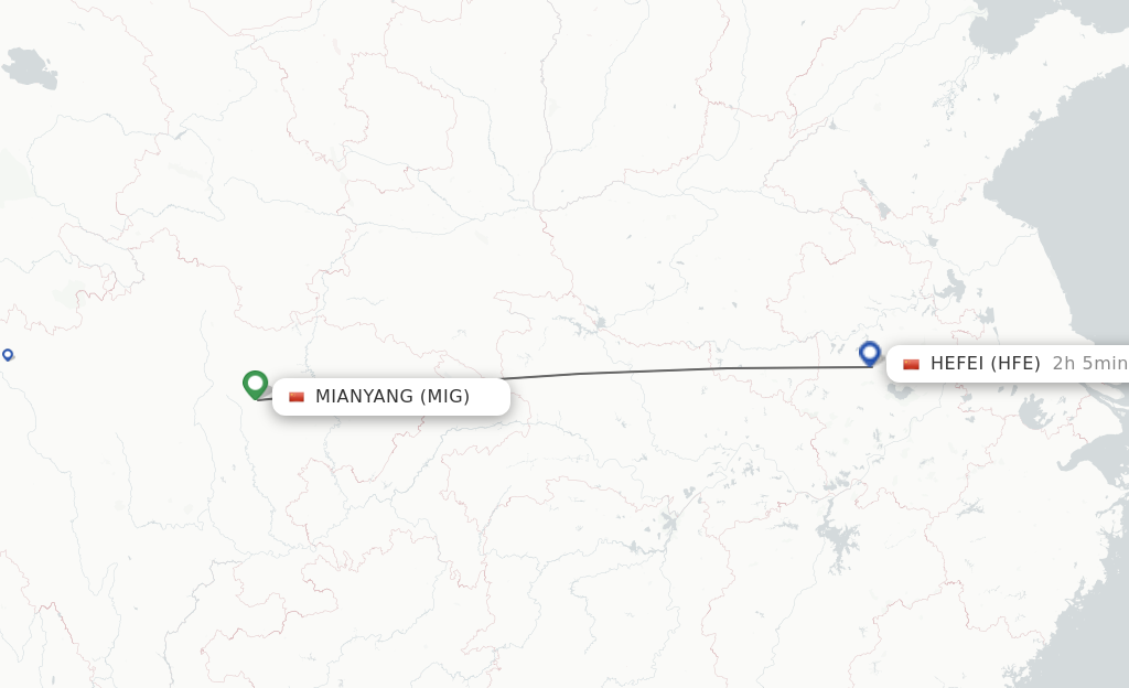 Flights from Mian Yang to Hefei route map