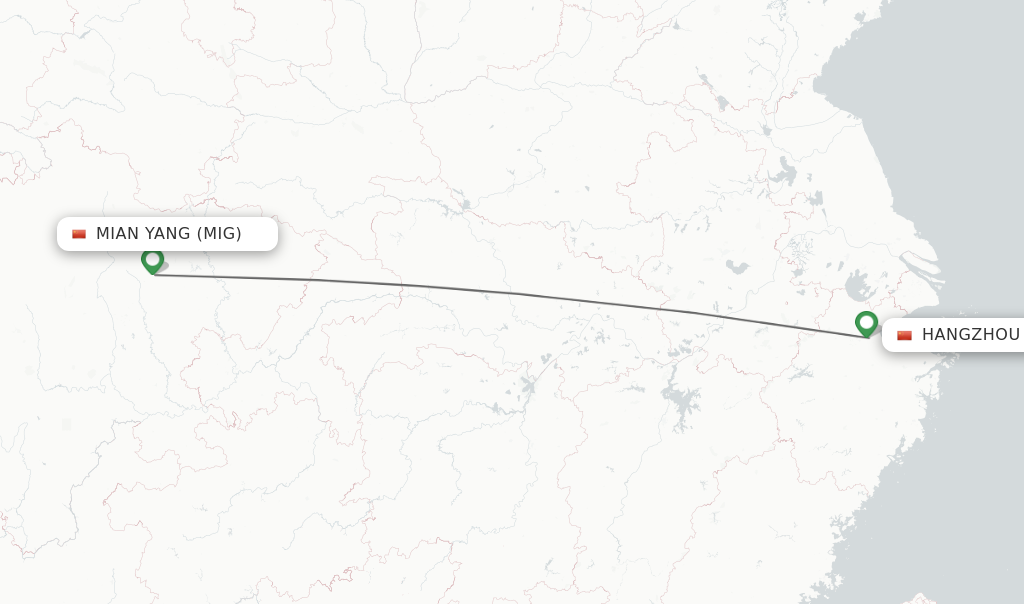 Flights from Mian Yang to Hangzhou route map