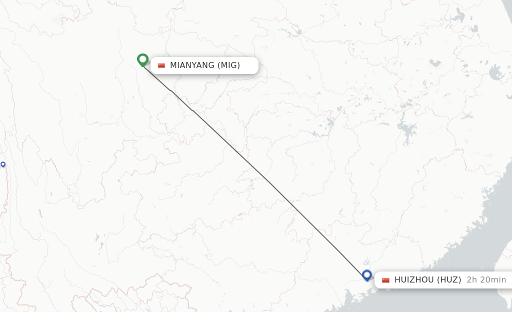 Flights from Mian Yang to Huizhou route map