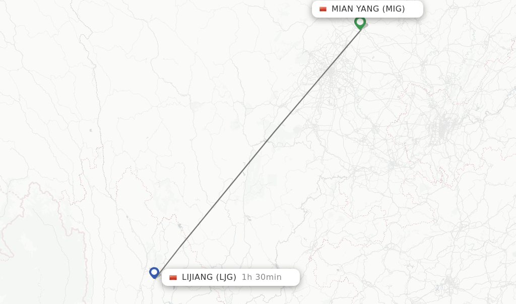 Flights from Mian Yang to Lijiang route map