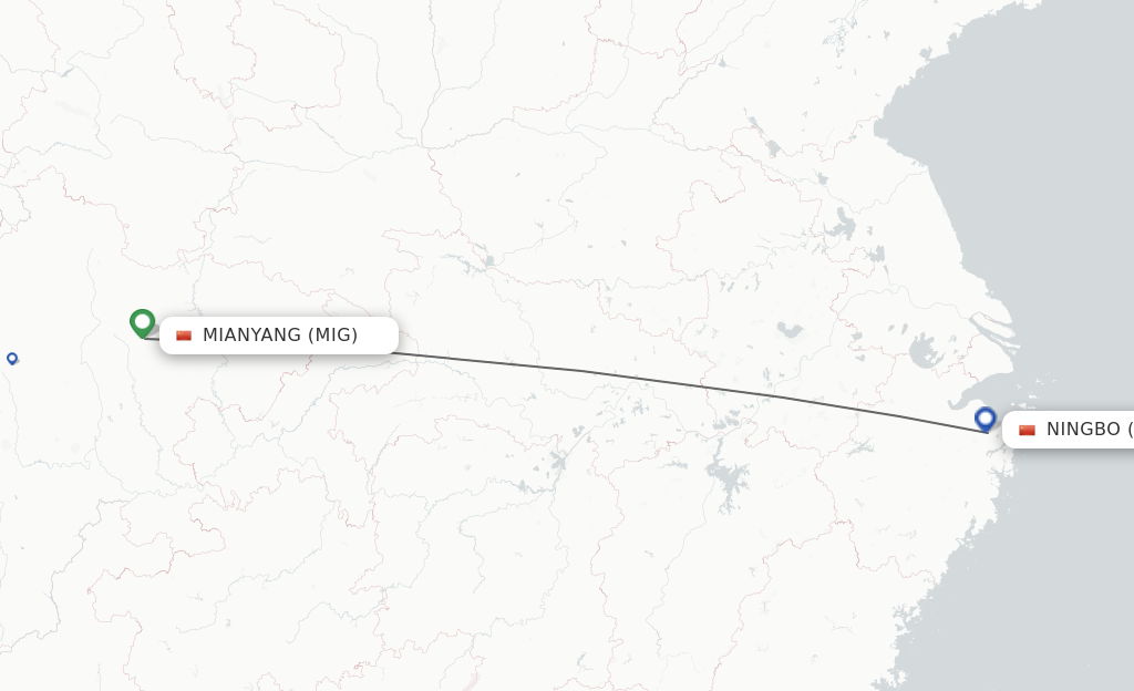 Flights from Mian Yang to Ningbo route map
