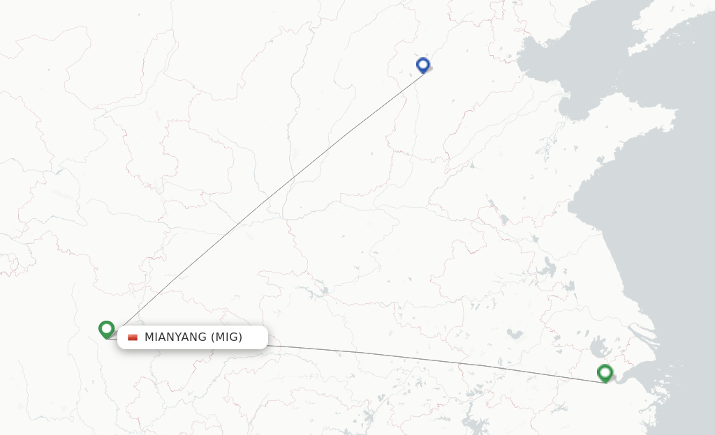 Route map with flights from Mian Yang with Hebei Airlines