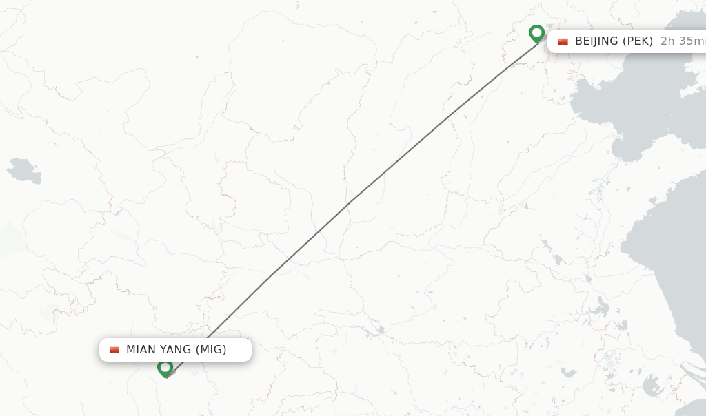 Flights from Mian Yang to Beijing route map