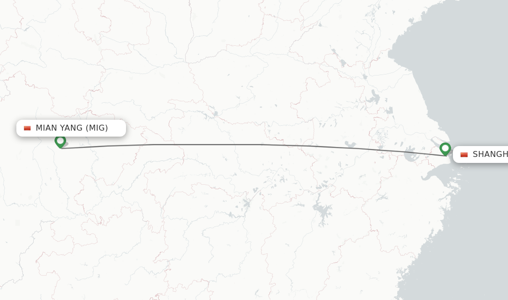 Flights from Mian Yang to Shanghai route map