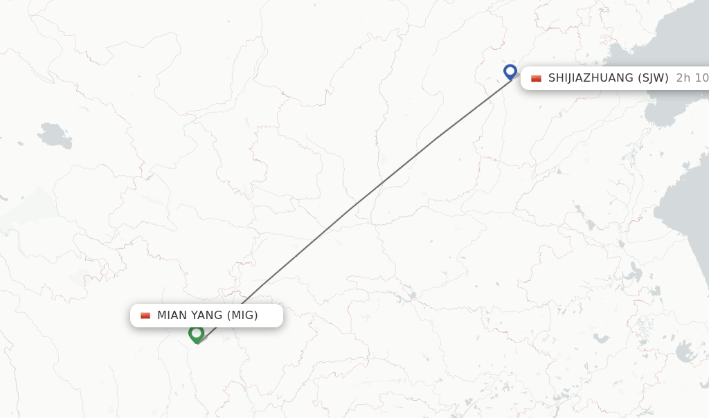 Flights from Mian Yang to Shijiazhuang route map