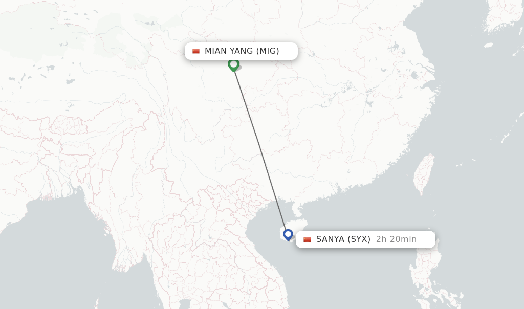 Flights from Mian Yang to Sanya route map