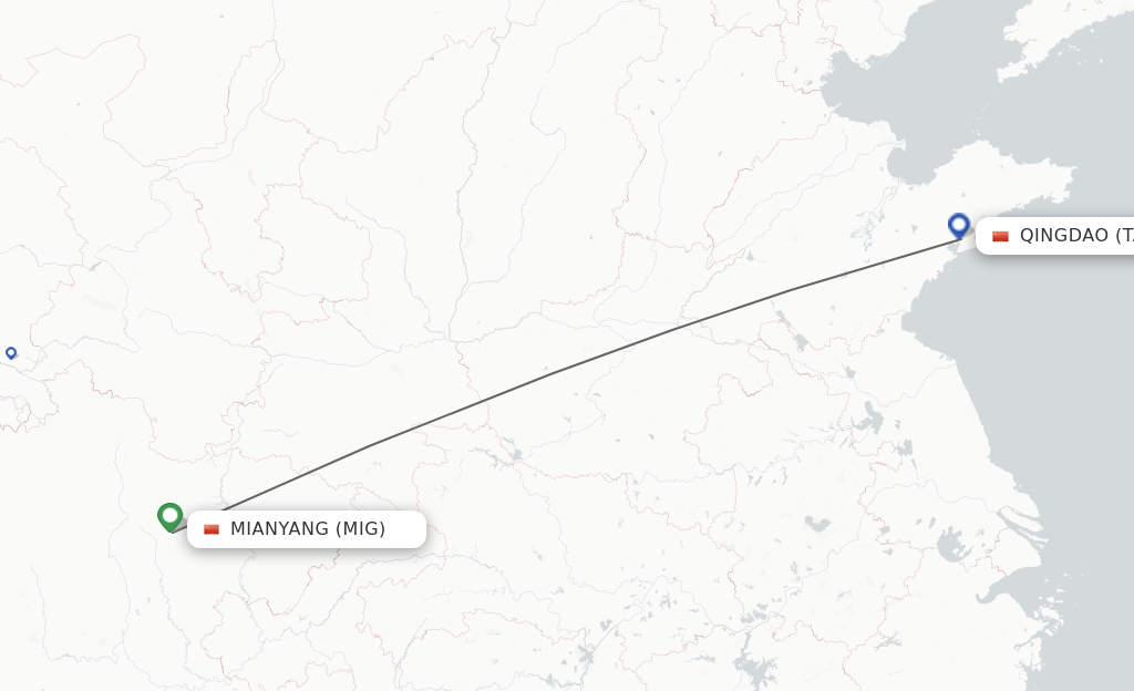 Flights from Mian Yang to Qingdao route map