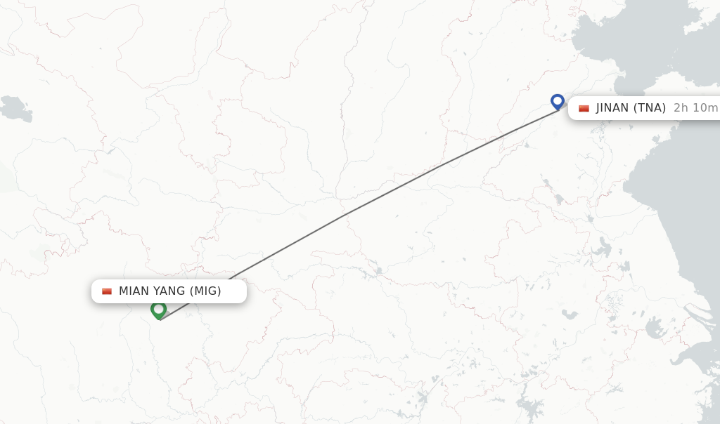 Flights from Mian Yang to Jinan route map