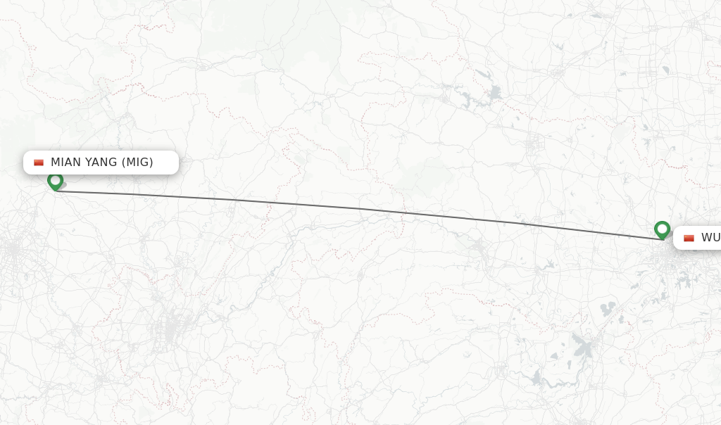 Flights from Mian Yang to Wuhan route map