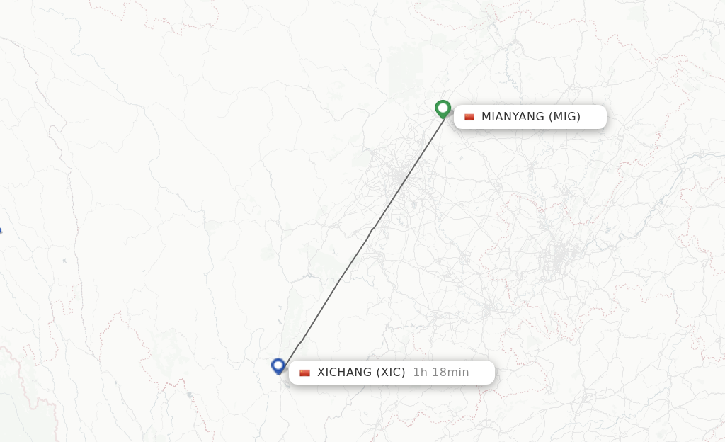 Flights from Mian Yang to Xichang route map