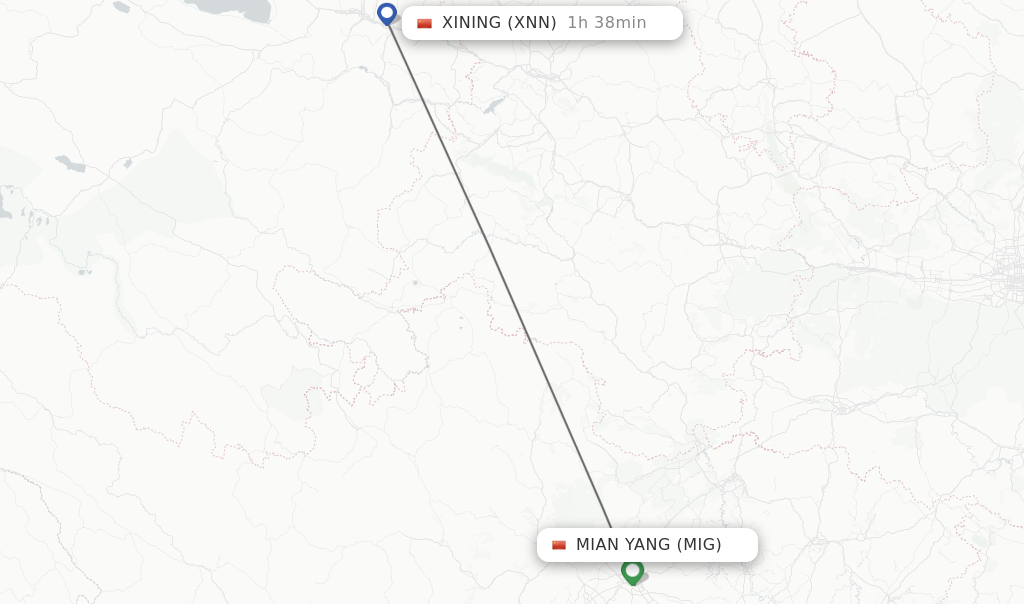 Flights from Mian Yang to Xining route map