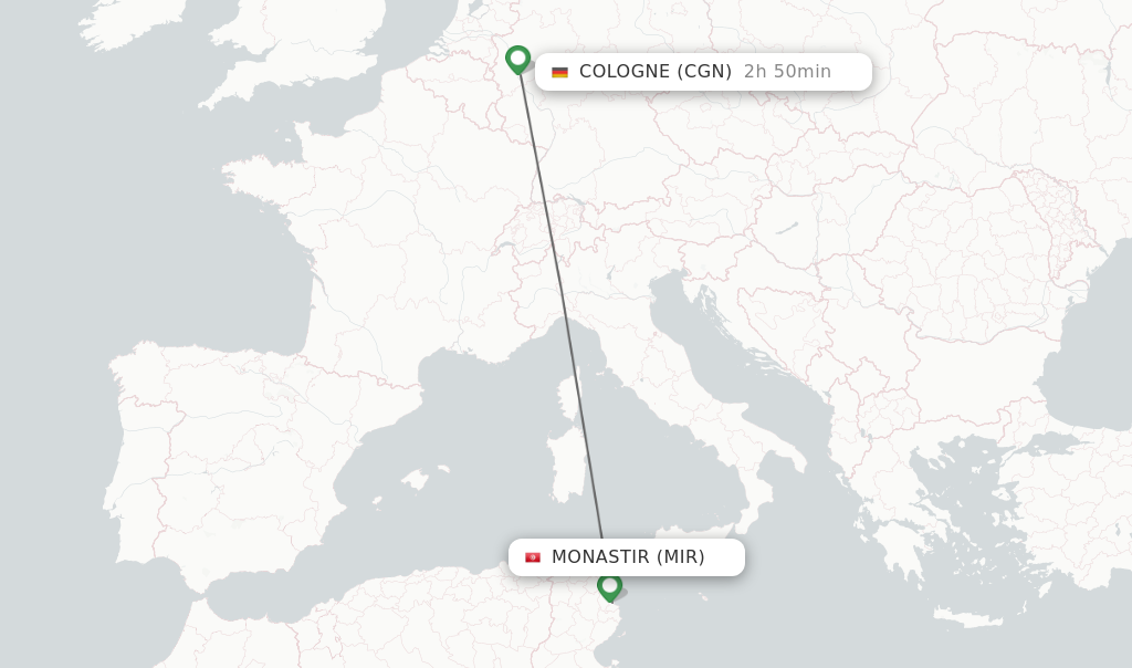 Flights from Monastir to Cologne route map
