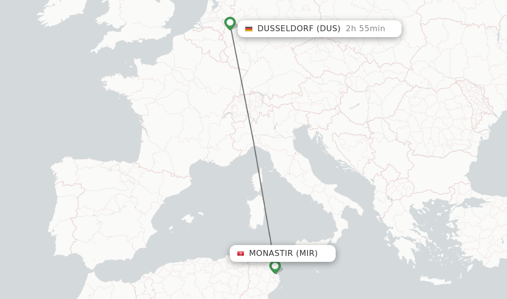 Flights from Monastir to Dusseldorf route map