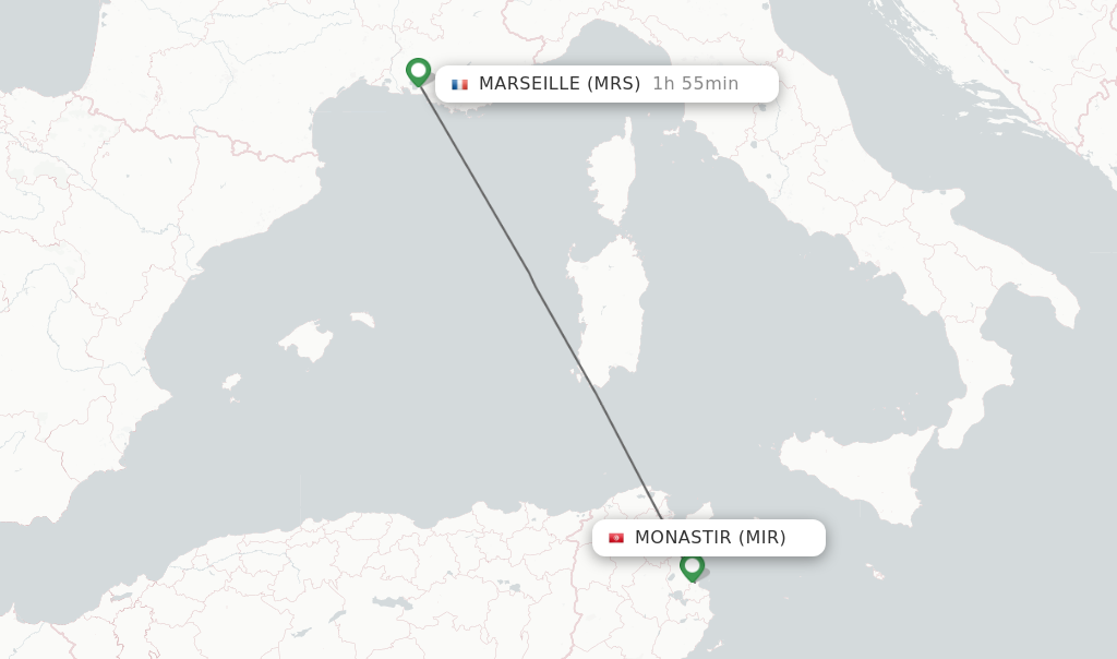 Flights from Monastir to Marseille route map