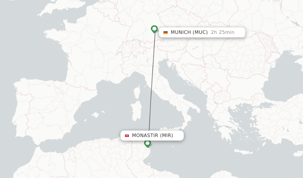 Flights from Monastir to Munich route map