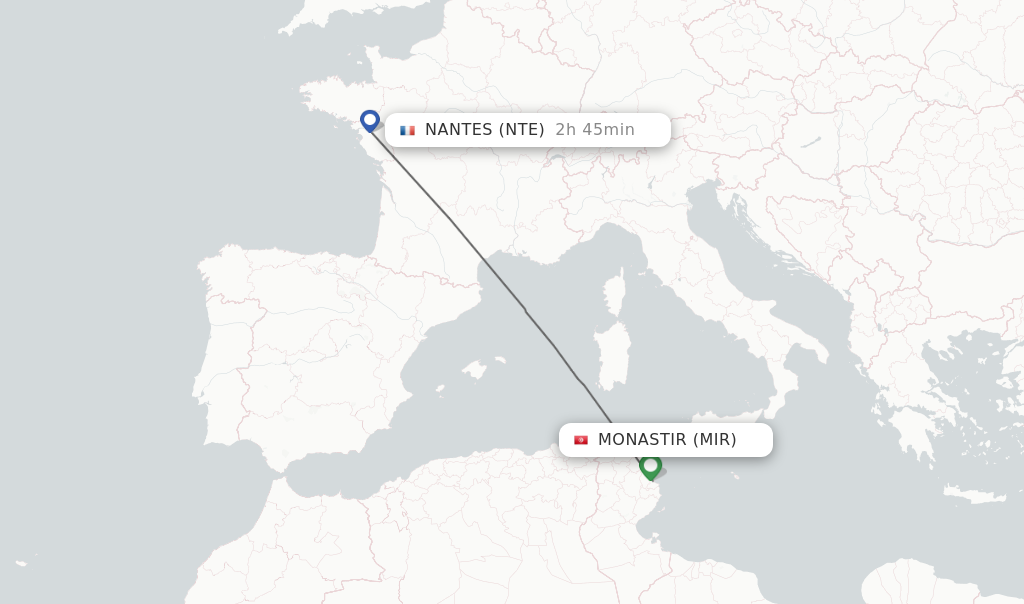 Flights from Monastir to Nantes route map
