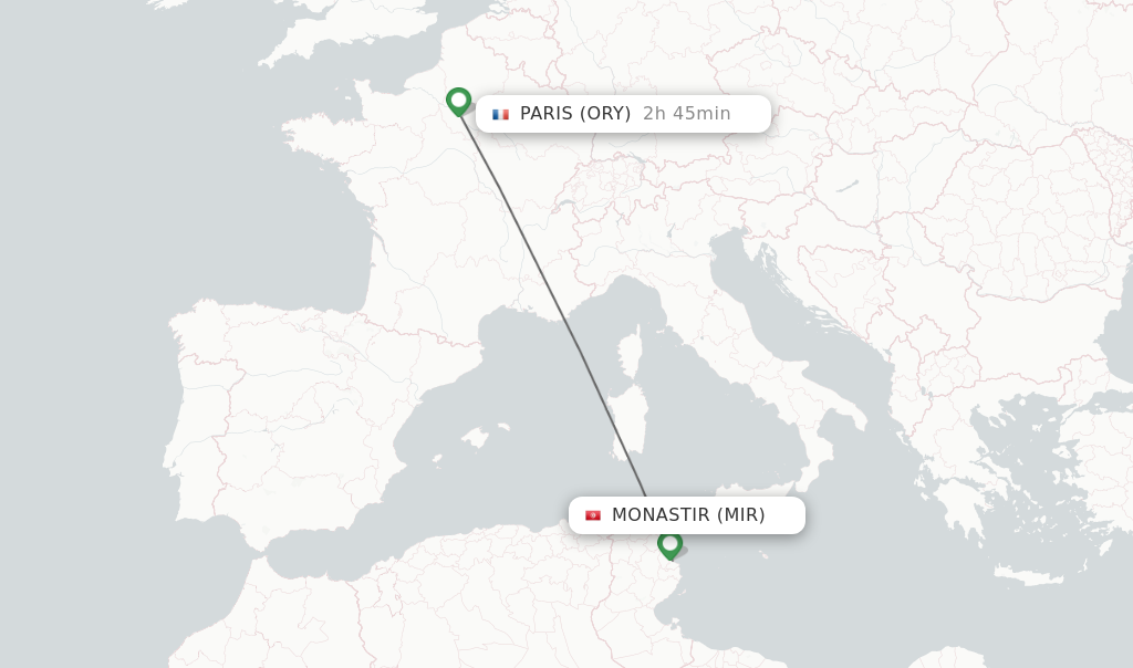 Flights from Monastir to Paris route map