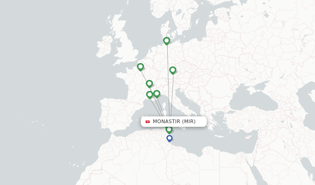 Route map with flights from Monastir with Tunisair
