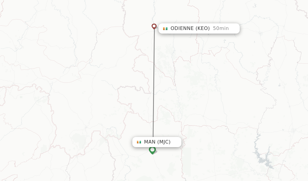 Flights from Man to Odienne route map
