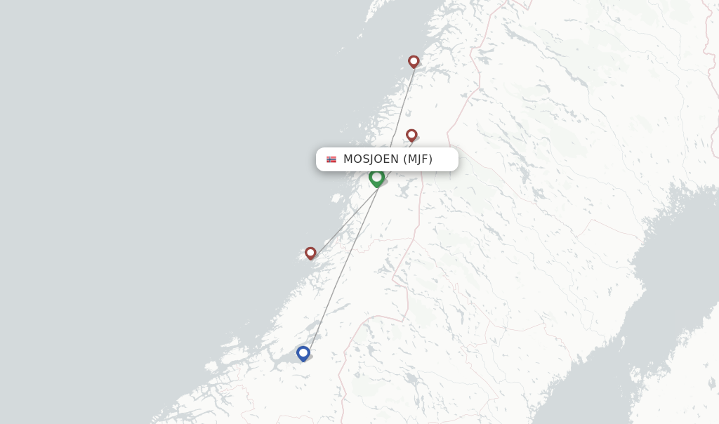 Route map with flights from Mosjoen with Wideroe